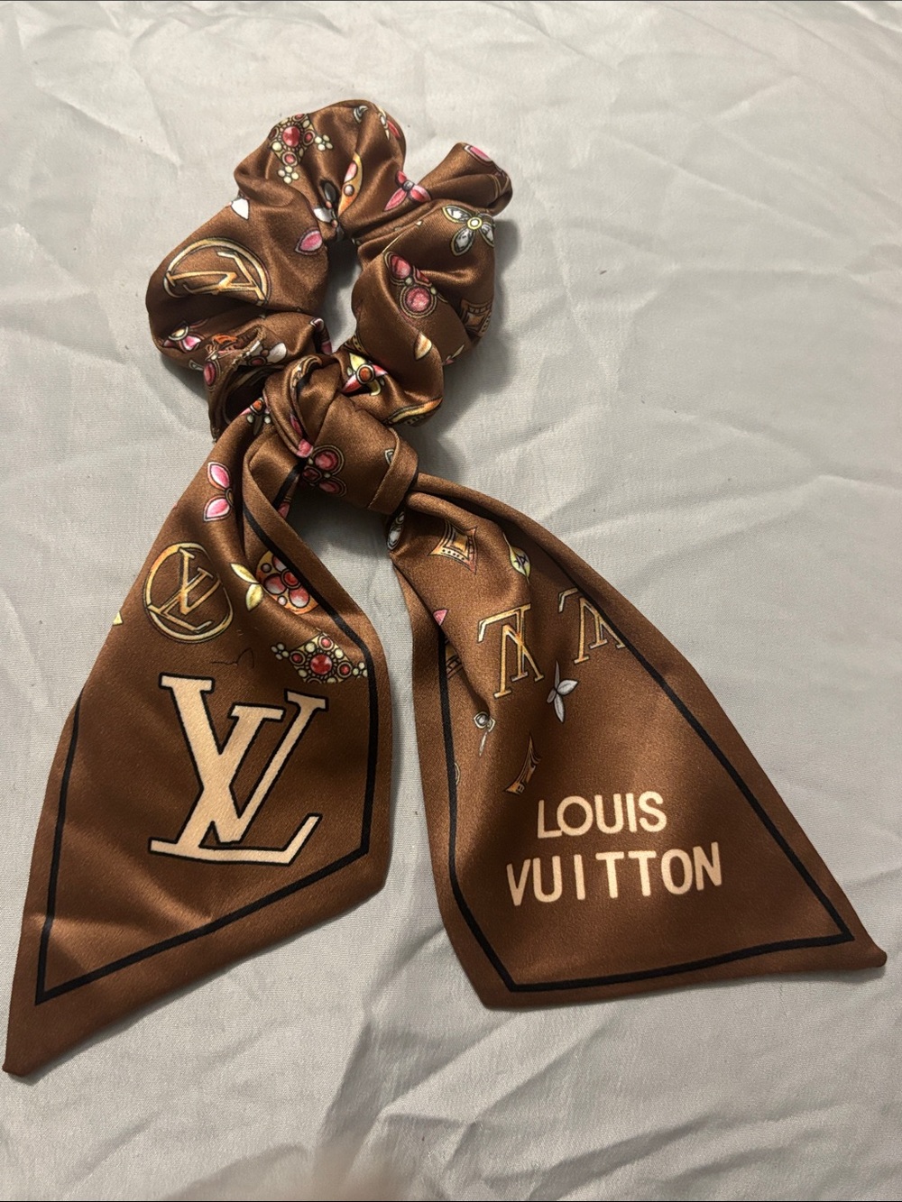 Louis Vuitton Brown Logo Silk-Effect Bow Scrunchie Scarf